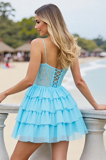 Light Blue Chiffon Corset Tiered Keyhole Short Homecoming Dress